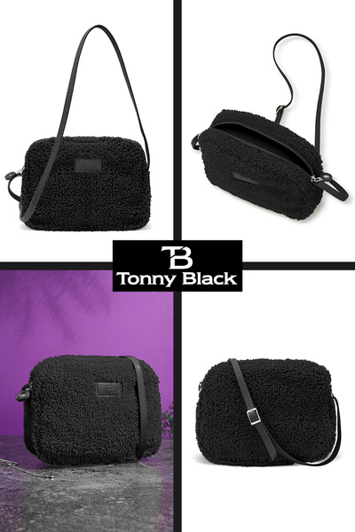 Tonny Black حقيبة كتف أصلية من القطيفة الحضرية الصغيرة ذات حزام قابل للتعديل وسحاب من القطيفة