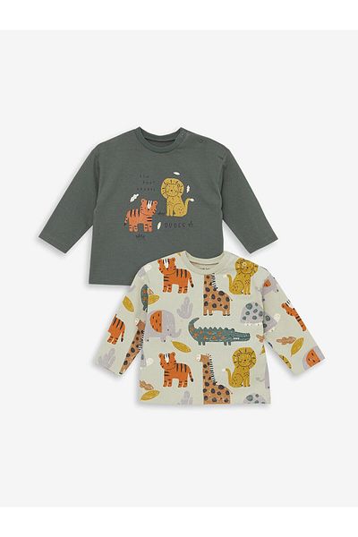 LC Waikiki LCW baby Crew Neck Long Sleeve Printed Baby Boy T-Shirt, Pack of 2