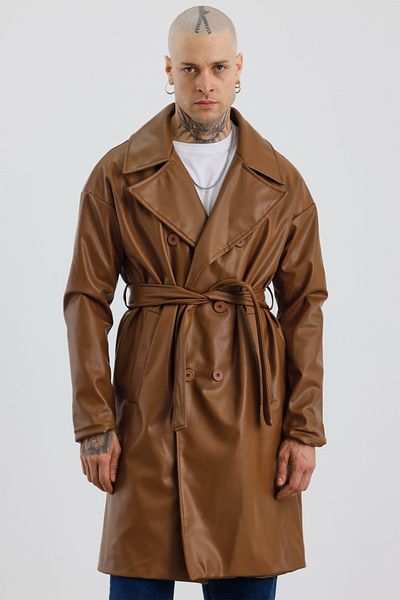 MADZEYMODA Ανδρική καφέ δερμάτινη καμπαρντίνα - Premium, Άνετη εφαρμογή, Επένδυση, Διπλό πέτο Mz56129