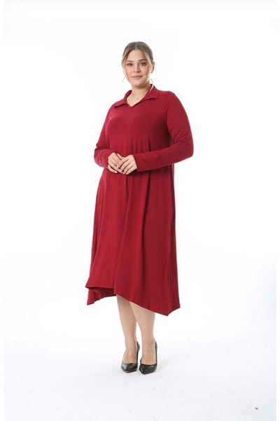 KLEERMAKER Women's Plus Size Red Crystal Fabric Neckline Hem Part Asymmetrical Cutout Midi Length Dress