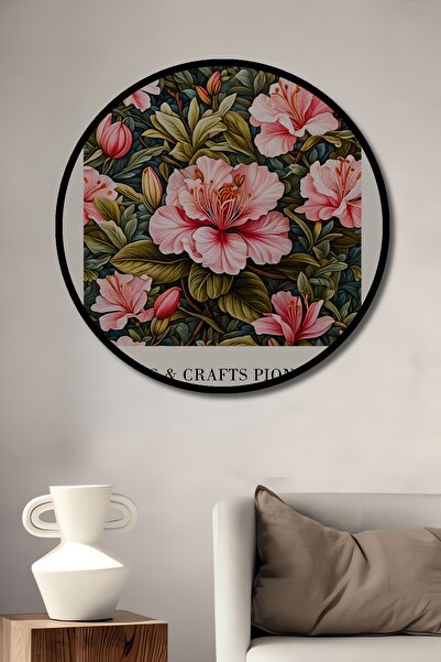 Teona Ahşap Tablou decorativ cu cadru rotund din lemn, aspect cu model floral William Morris