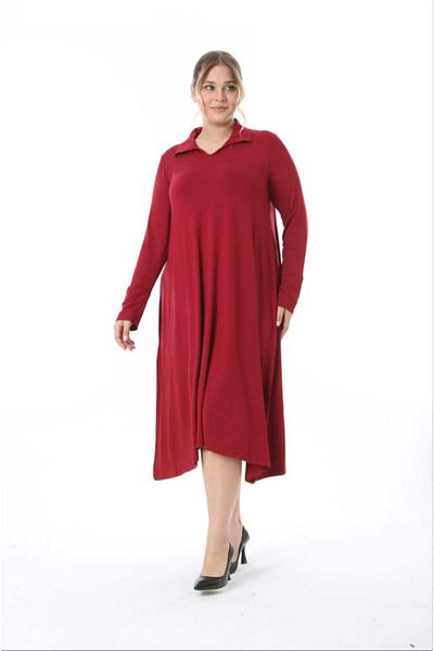 KLEERMAKER Women's Plus Size Red Crystal Fabric Neckline Hem Part Asymmetrical Cutout Midi Length Dress