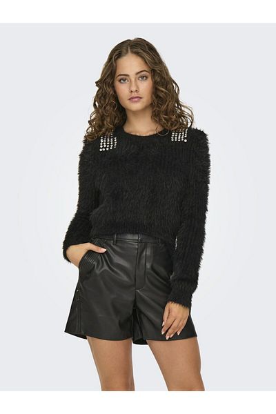 ONLY Black Bling Crop O-Neck Women's Sweater & Cardigan - 15327597 -Black