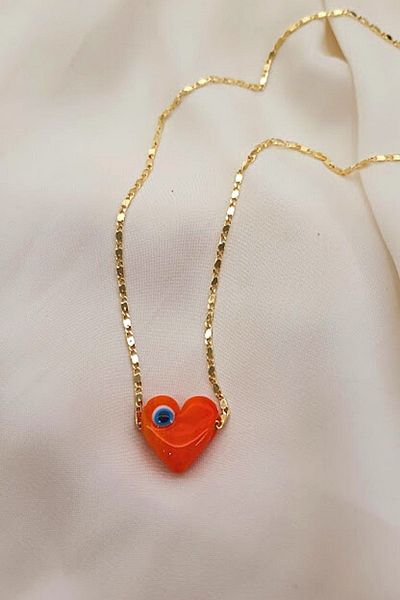 PETEK AKSESUAR Murano Glass Chain Necklace - Evil Eye Heart Handmade