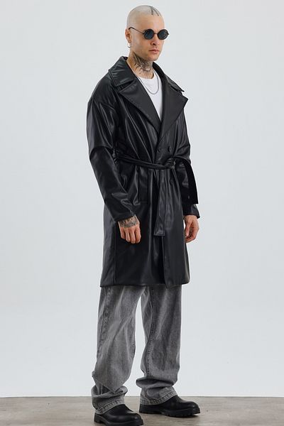 MADZEYMODA Premium Black Leather - Relaxed Fit Double Breasted Lapel Trench Coat Mz56129