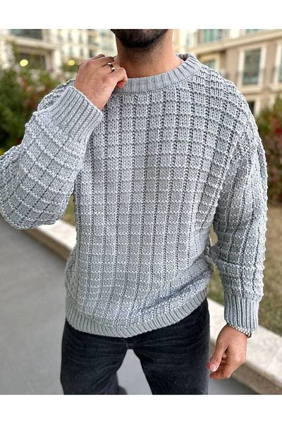 elkumoda Pulover supradimensionat din bumbac natural - model tricot pătrat, gât crew, tricotaje largi care nu se pilulează