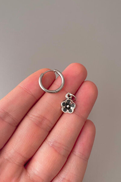 Jaida Moda Unisex Silver Tiny Daisy Figured Dangle Steel Hoop Earrings