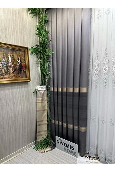 NİVEMESHOME Nivemeshome Sea ft 614177 V-5403 - 1/3 Silver Color Close Pleated Background Curtain
