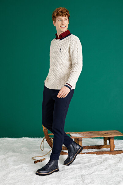 U.S. Polo Assn. Men's Cream Melange Crew Neck Knitwear Sweater 50253857-Vr159