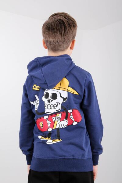 Perendi Rahat Kesim Kapüşonlu Rad Baskılı Sweatshirt Mavi