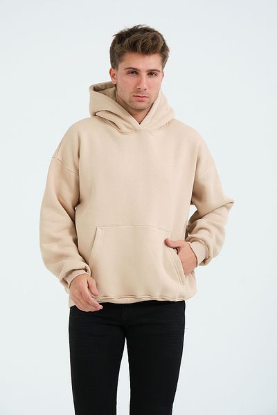 3 ROPE Unisex Μπεζ Oversize με κουκούλα με φλις εσωτερικά 3 κλωστές Basic βαμβακερό φούτερ με κουκούλα μπεζ