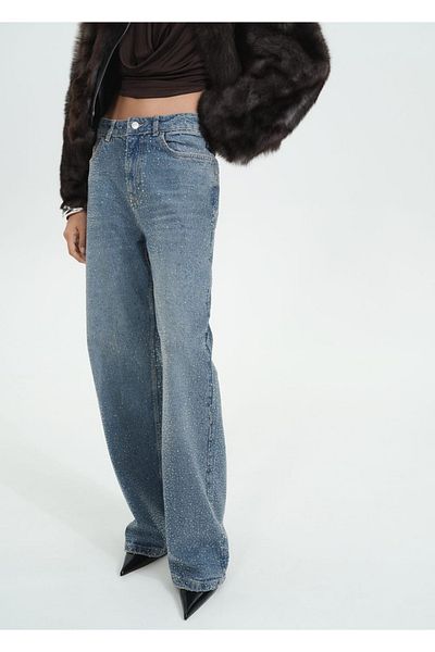 MANGO Woman Pantaloni drepti din denim strass