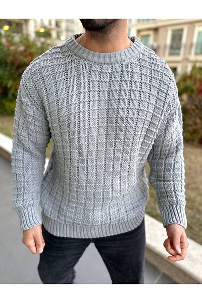 elkumoda Pulover supradimensionat din bumbac natural - model tricot pătrat, gât crew, tricotaje largi care nu se pilulează