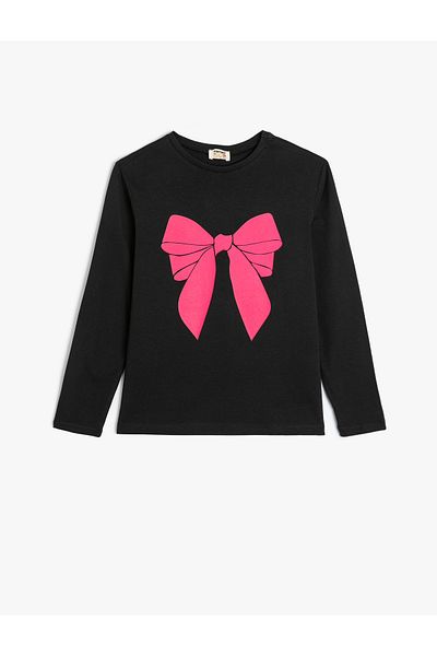 Koton Cotton Long Sleeve Bow T-Shirt - Crew Neck