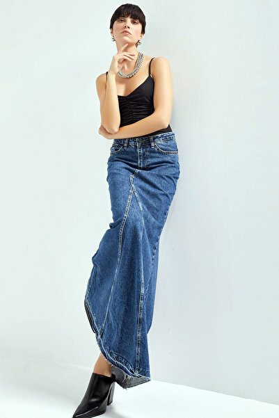 CoolLook Maksi Boy Yüksek Belli Likrasız Yıkamalı Cepli Rahat Fermuarlı Uzun Balık Form Jean Kot Etek