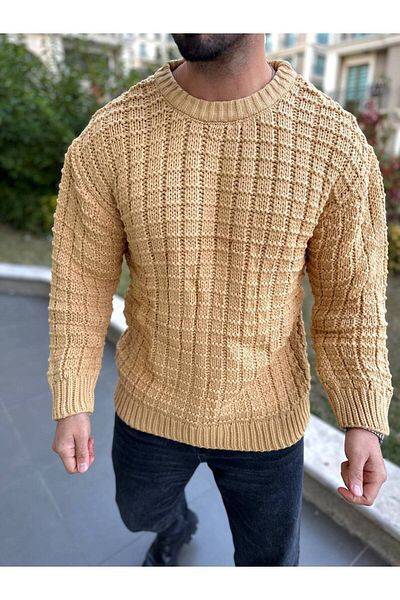 elkumoda Пуловер от естествен памук с голям размер - квадратна плетка, кръгло деколте, ежедневен трикотаж без плискане