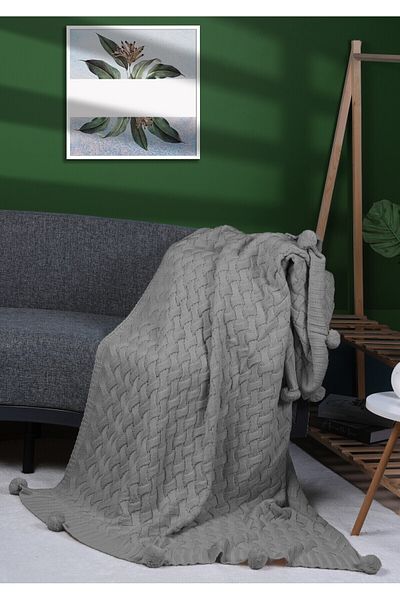YGT Home Lavender 10 Pompom Knitwear Knitted Tv Blanket Gray |   Seat Cover - Leg Shawl