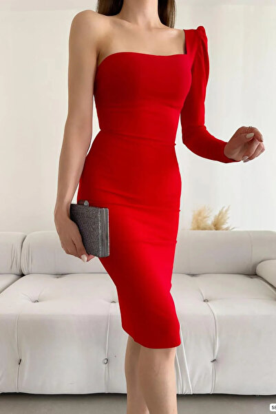 Planet Prestige Rochie roșie cu o singură mânecă, lungime midi, din țesătură creponată, rochie de logodnă pentru nuntă