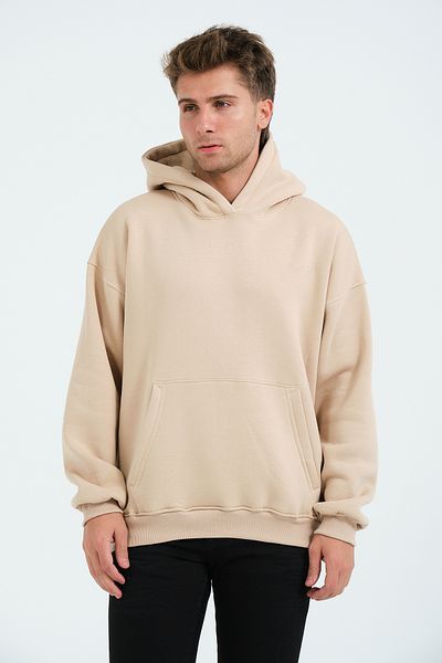 3 ROPE Unisex Μπεζ Oversize με κουκούλα με φλις εσωτερικά 3 κλωστές Basic βαμβακερό φούτερ με κουκούλα μπεζ