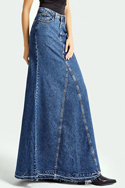 CoolLook Maksi Boy Yüksek Belli Likrasız Yıkamalı Cepli Rahat Fermuarlı Uzun Balık Form Jean Kot Etek