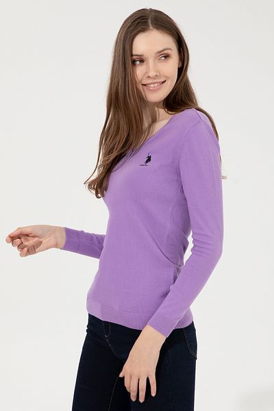 U.S. Polo Assn. Pulover de damă liliac de bază cu decolteu în V 50251913 -VR034