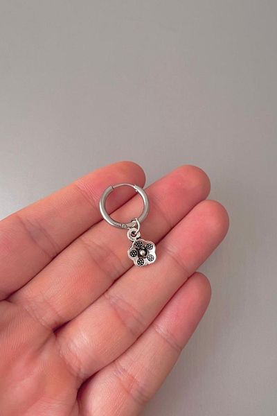 Jaida Moda Unisex Silver Tiny Daisy Figured Dangle Steel Hoop Earrings
