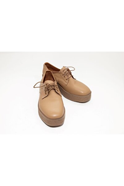 DHN Hakiki Deri Kadın Bej Renk Kalın Taban Bağcıklı Loafer Ayakkabı