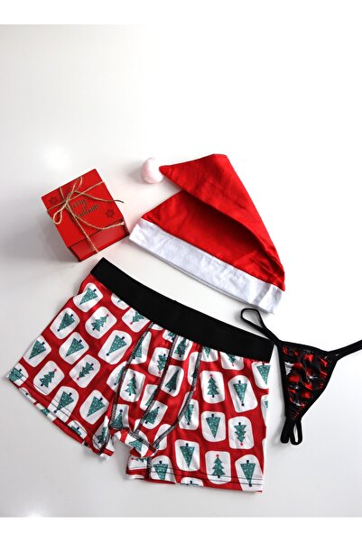 succy Yılbaşı Özel Kutusunda 3'lü Noel Seti - Desenli Boxer   - Tanga ve Şapka