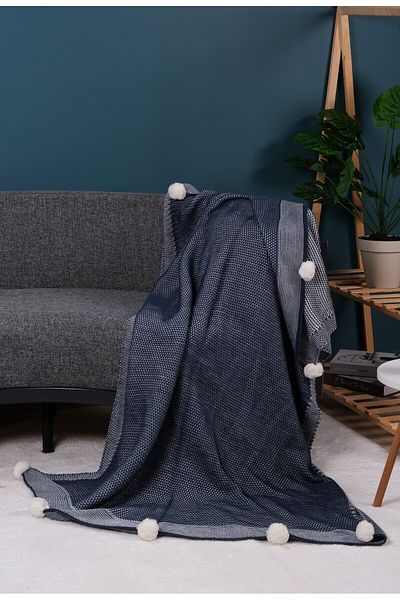 YGT Home 10 Pompom Indigo Violet Knitwear Tv Blanket - 130X170 Leg Shawl and Sofa Shawl