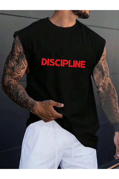 Cosmo Style DISCIPLINE baskılı GYM/FİTNESS kolsuz COMFORT bisiklet yaka sporc...