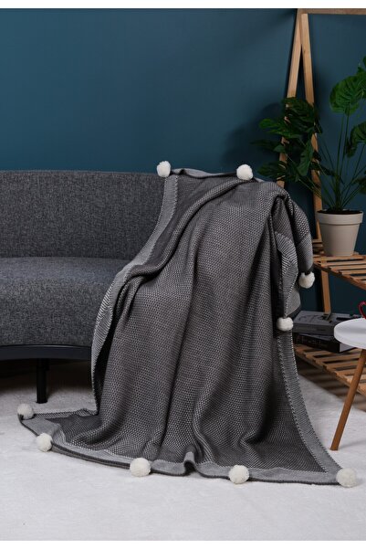 YGT Home Menekşe Triko Örgülü Tv Battaniyesi 10 Ponpon Haki | 130x170 Bacak Şalı-koltuk Şalı Ve Dekoru