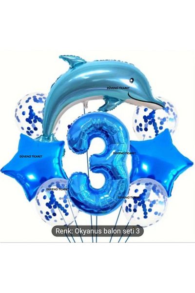 DÜVENCİ TİCARET Blue Ocean Balloon Set Blue Color Dolphone Foil Balloon Set