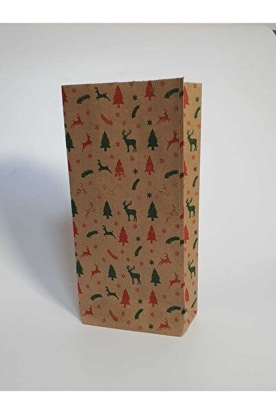Dekals 100 Adet Kraft 13x26 Geyik Çam Kar Desenli Dik Duran Hediye Poşeti Hediye Paketi