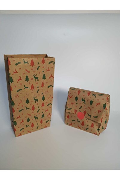 Dekals 100 Adet Kraft 13x26 Geyik Çam Kar Desenli Dik Duran Hediye Poşeti Hediye Paketi