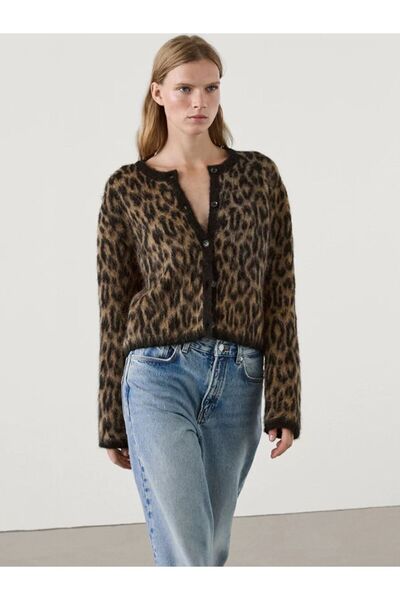 motina Brown Leopard Patterned Crew Neck Wool Cardigan - Women