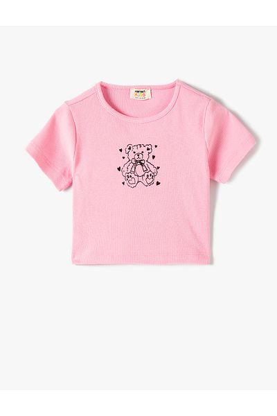 Koton Crop T-Shirt Teddy Bear Printed Ribbed Short Sleeve Crew Neck