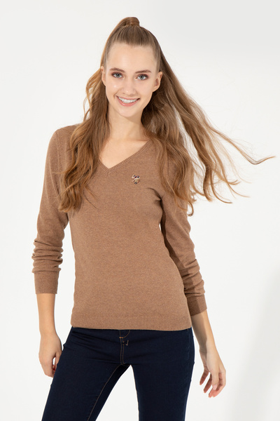 U.S. Polo Assn. Women's Camel Melange V-Neck Basic Sweater 50255648-Vr122
