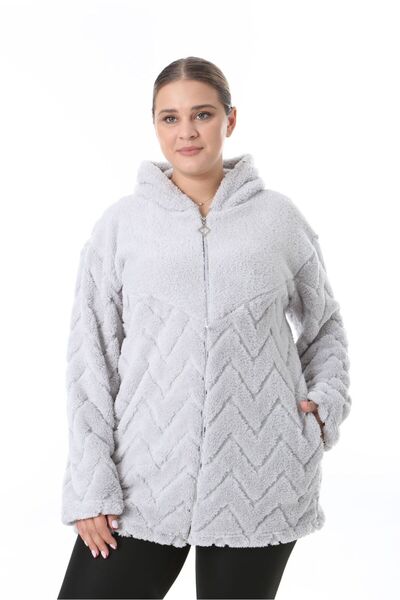 BİrHoşButik Stretchy Lycra Plus Size Women's Clothing - Winter Fleece Cardigan with Soft Pocket, Hooded Zipper