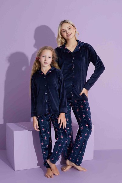 Mutlu City Navy Blue Flamingo - New Season Trend Mother/Daughter Velvet Pajam...