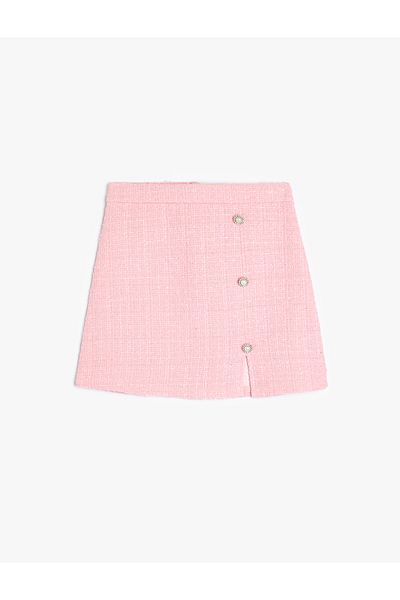 Koton Tweed Skirt with Pearl Button and Slit Detail