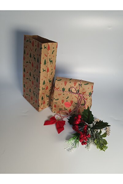 Dekals 100 Adet Kraft 13x26 Geyik Çam Kar Desenli Dik Duran Hediye Poşeti Hediye Paketi