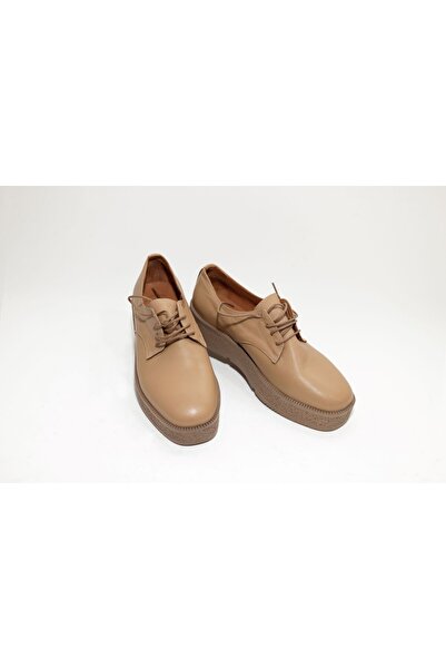 DHN Hakiki Deri Kadın Bej Renk Kalın Taban Bağcıklı Loafer Ayakkabı