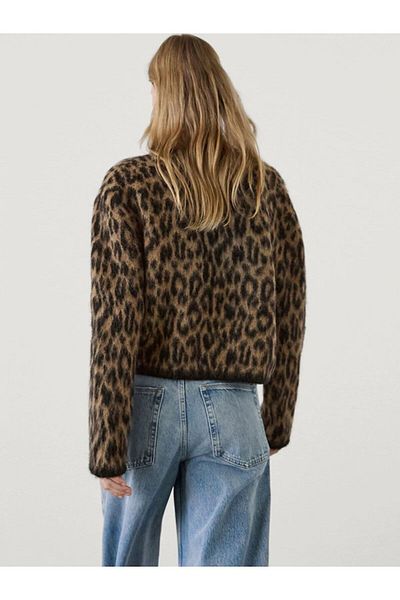 motina Brauner Woll-Cardigan mit Leopardenmuster und Rundhalsausschnitt – Damen