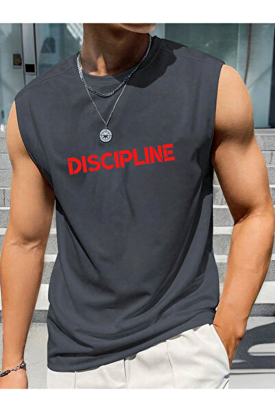 Cosmo Style DISCIPLINE baskılı GYM/FİTNESS kolsuz COMFORT bisiklet yaka sporc...