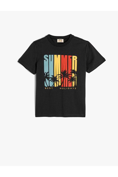 Koton T-Shirt Short Sleeve Summer Themed Crew Neck Cotton