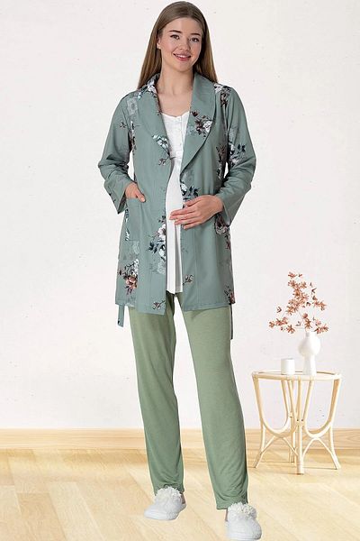 EM&FA TEKSTİL 5804 Elisa Green Maternity Pajamas Set with Dressing Gown