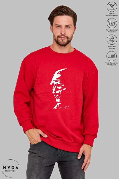 Nyda Collections Unisex Uzun Kollu Atatürk Silüet Baskılı Bisiklet Yaka Kapüşonsuz Şardonlu Oversize Sweatshirt
