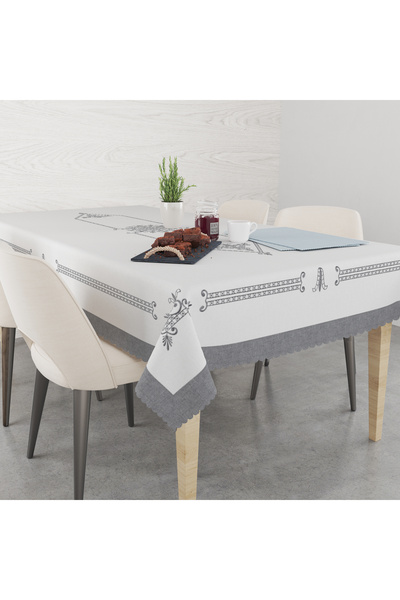 yok yok evim eve dair her şey Nakış Efektli Gri Lale Desenli Baskılı Masa Örtüsü
