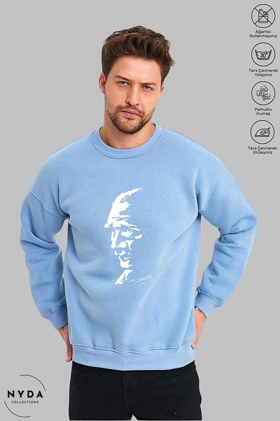 Nyda Collections Hanorac supradimensionat unisex cu mânecă lungă Ataturk Silhouette imprimat cu gâtul turn fără glugă