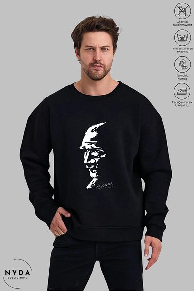 Nyda Collections Unisex μακρυμάνικο Ataturk Silhouette με στάμπα με λαιμόκοψη χωρίς κουκούλα Raster Oversize φούτερ